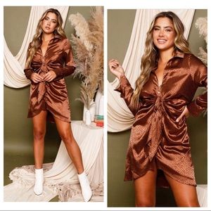 The Wild Thing Animal Print Shirt Long Sleeve Button Down Dress in Mocha Sz M